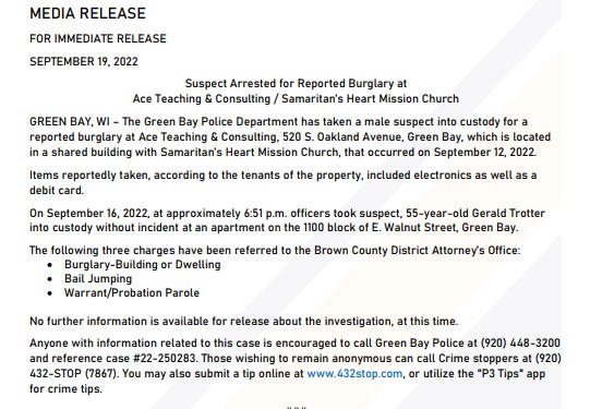 Arrest made in alleged Green Bay church burglary | 105.7 WAPL | The ...